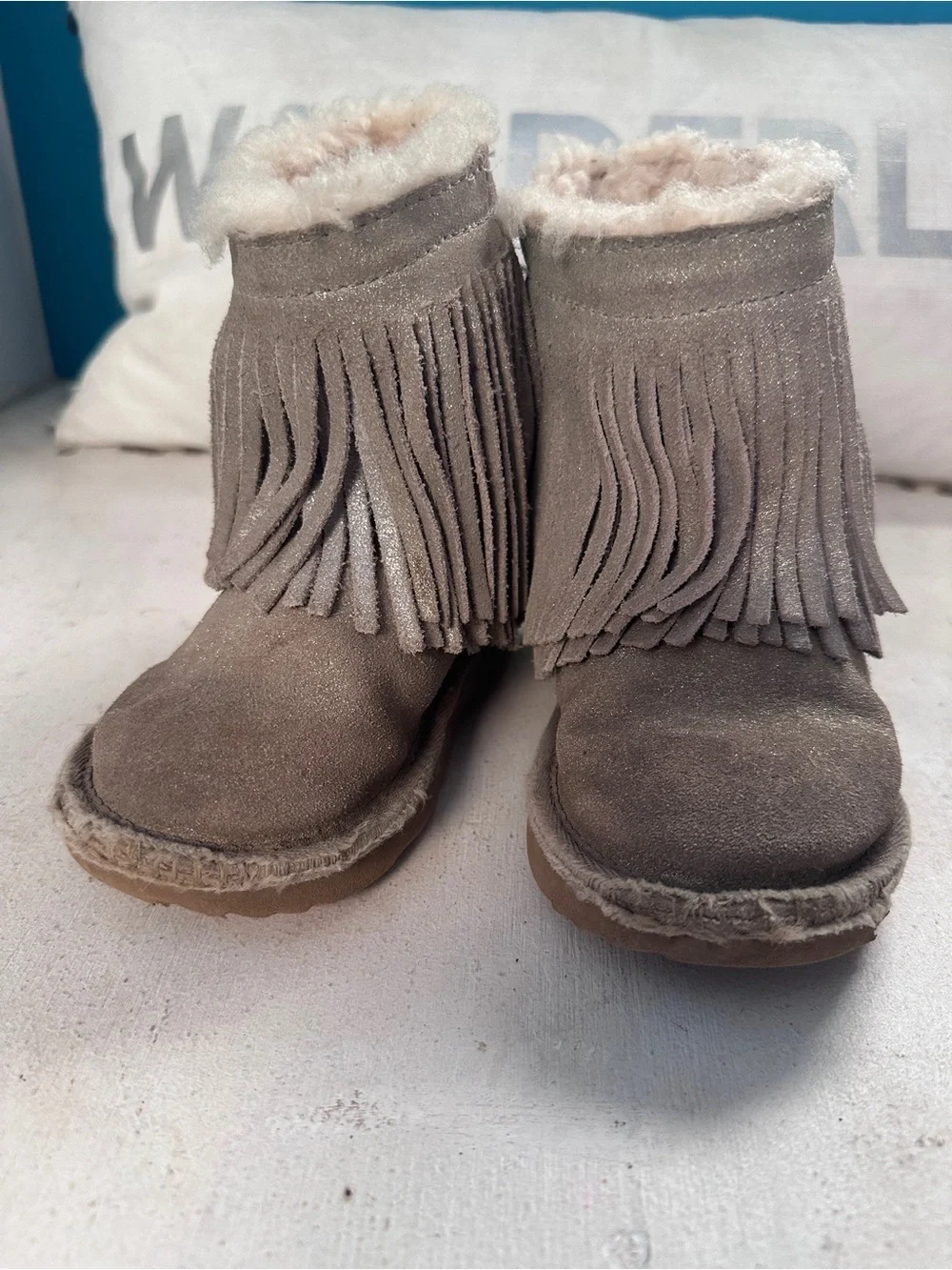 UGG Taupe Fringe Shearling Short Boots